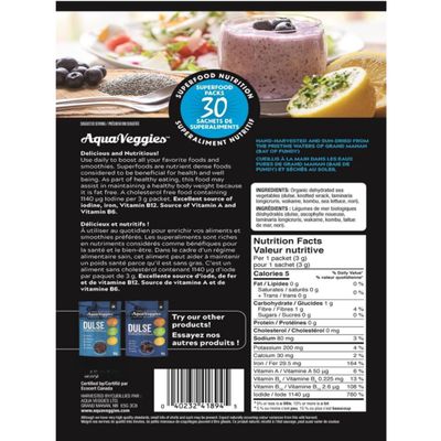 Aqua Veggies Organic Atlantic Dulse Superfood Hand-Harvested, Sun-Dried Bay of Fundy, Excellent Source of Vitamins B6, B12, Iron, Iodine, 30 Individual Packs (Seaweed Snacks, 90 Grams)