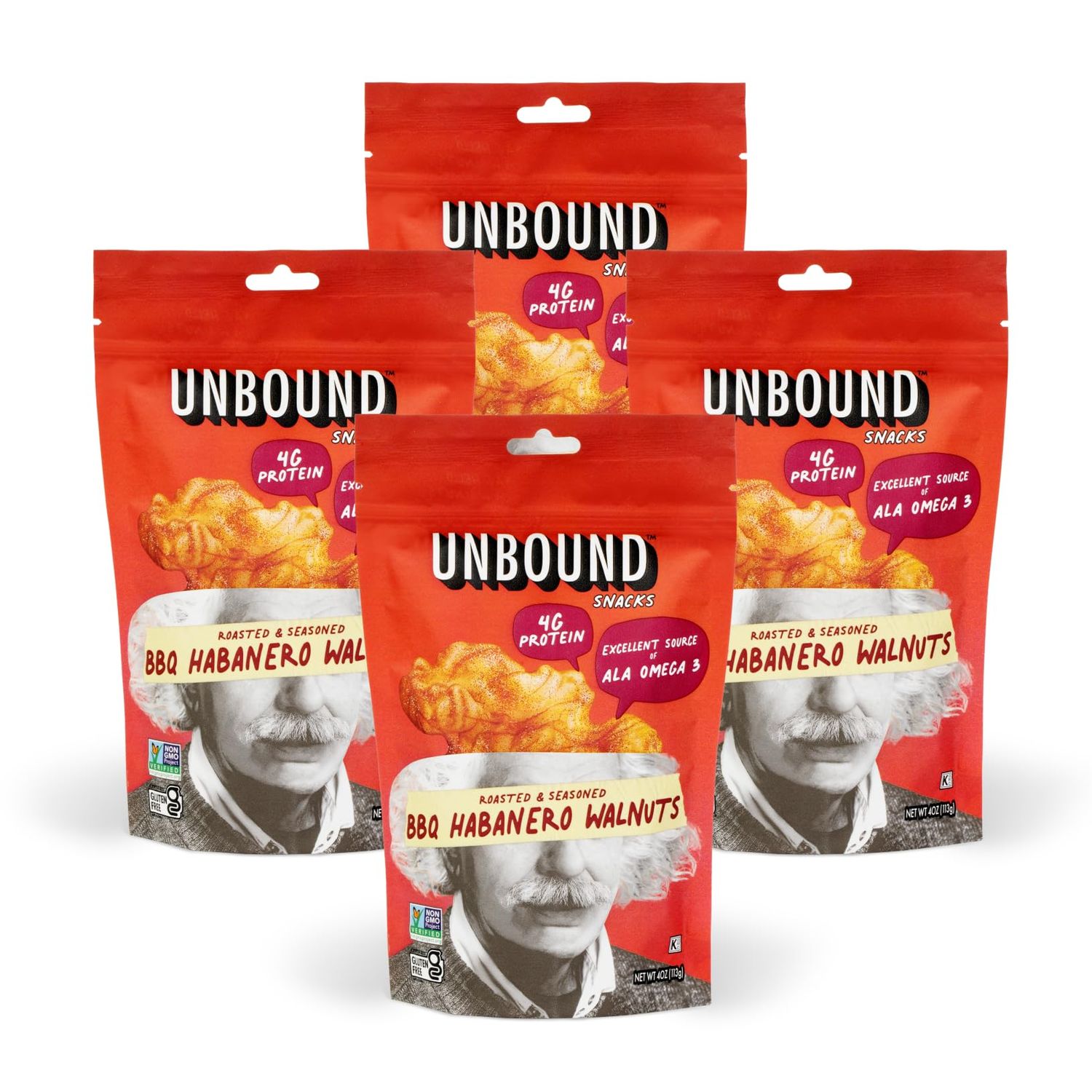 Unbound Snacks Flavored Nuts - BBQ Habanero Walnuts, 4 oz (Pack of 4) - Healthy Snacks, 4g Protein, 1g Sugar, High in Omega 3, Gluten Free, Vegan - Freshly Roasted &amp; Seasoned Gourmet Walnut Halves