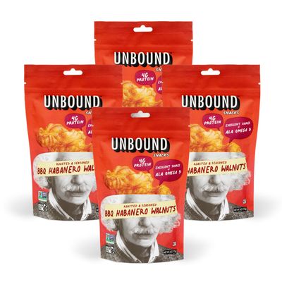 Unbound Snacks Flavored Nuts - BBQ Habanero Walnuts, 4 oz (Pack of 4) - Healthy Snacks, 4g Protein, 1g Sugar, High in Omega 3, Gluten Free, Vegan - Freshly Roasted &amp; Seasoned Gourmet Walnut Halves