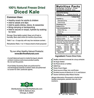 BioTree Labs Freeze Dried Kale - Pack of 1 oz, 100% Natural Healthy Snacks Great for Hiking, Backpacking, Adding to Pasta or Broths in Cooking NO Added Sugar or Preservatives, Gluten Free