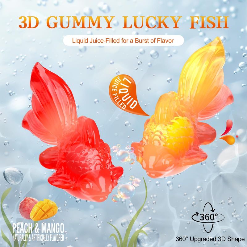 Amos 4D Gummy Lucky Fish Candy, 3D Goldfish-Shaped Gummies with Mango &amp; Peach Juice, 65g per Bag, Gluten-Free &amp; Sugar-Free Snack