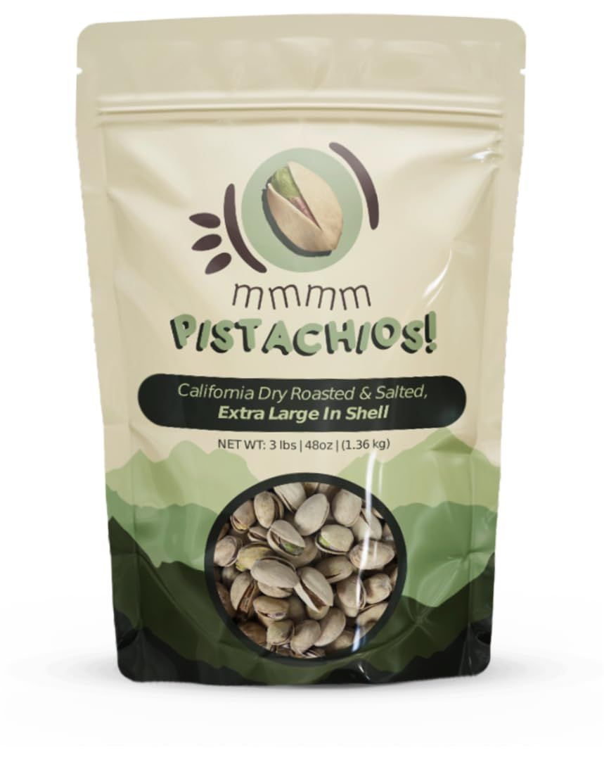 Mmmm Pistachios - California Dry Roasted &amp; Salted Extra Large In-Shell Pistachios 3 Pounds - Gluten-Free Non-GMO Vegan High Protein Healthy Snack