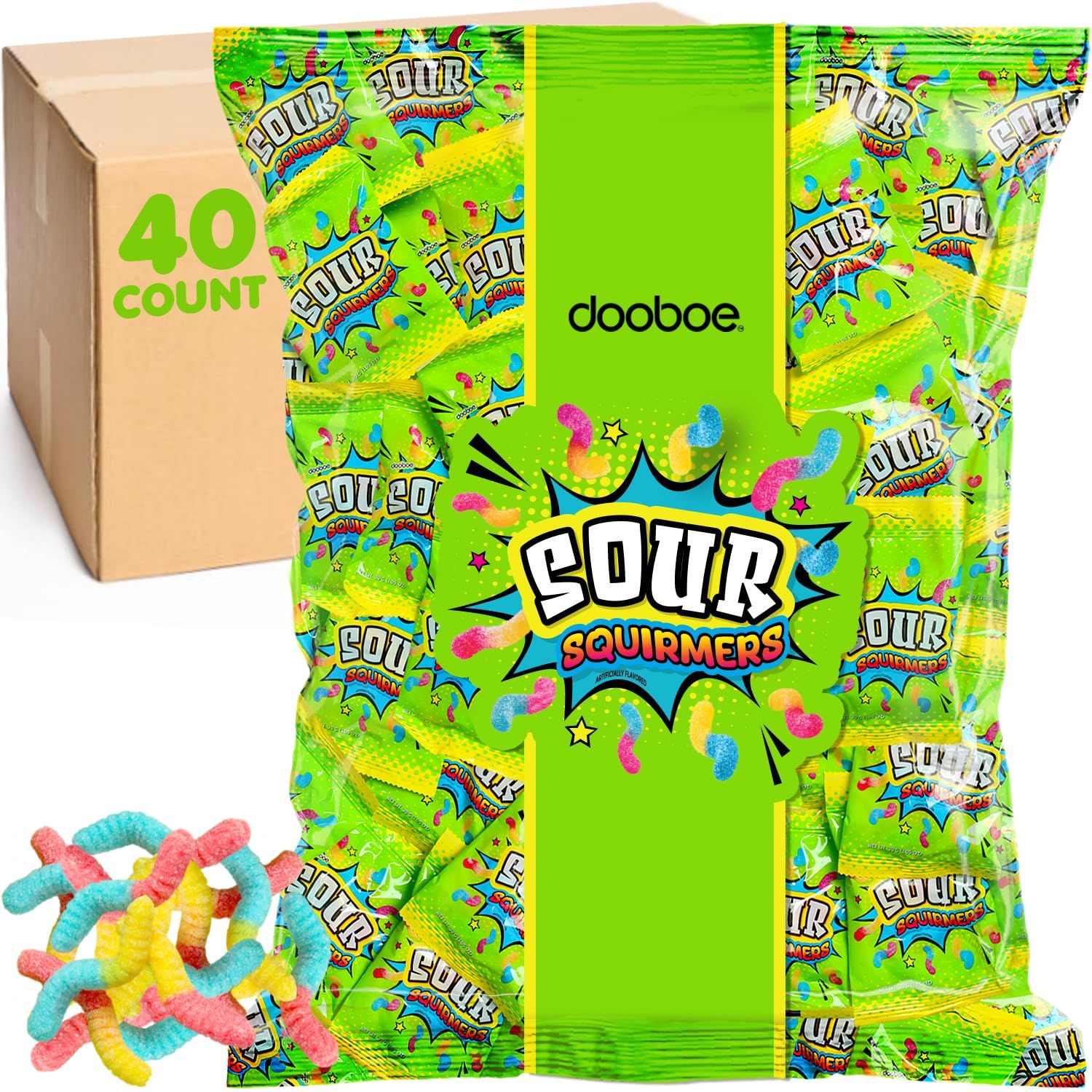Sour Gummy Worms Bulk Pack - 40 Packs - Individually Wrapped Candy Bags for Kids, Parties, School, and Travel  Assorted Flavors, On-the-Go Snacks, Lunchbox Favorites, and Party Favors