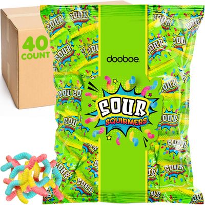 Sour Gummy Worms Bulk Pack - 40 Packs - Individually Wrapped Candy Bags for Kids, Parties, School, and Travel  Assorted Flavors, On-the-Go Snacks, Lunchbox Favorites, and Party Favors