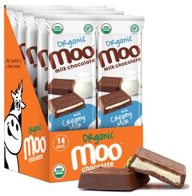 Moo Chocolates Organic Milk Chocolate Large Bars with Creamy Milk Filling 1.4 oz, 14 ct (Pack of 1)  USDA Organic, Non-GMO  110 Calorie Snacks for On-the-Go, Lunchboxes, Office