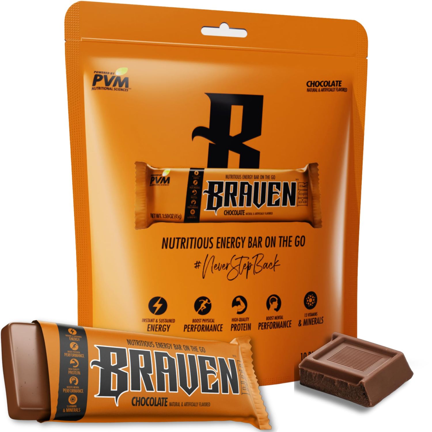 Braven Bar Chocolate Energy Bars (1.59 oz, Pack of 10) - Energy Chews with 5g Protein - On-the-Go Energy Snacks for Running, Hiking, and Sports - Gluten Free Snacks for Sustained Energy Boost