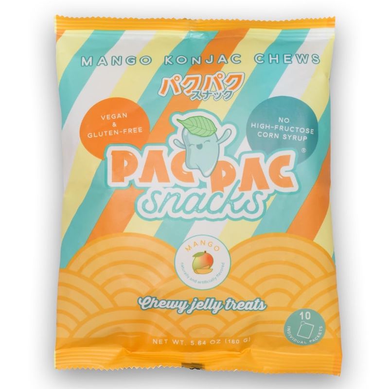 Mango Konjac Chews  Premium Konjac Jelly Treats  10 Sachets per Bag  Vegan, Gluten-Free, Low-Calorie  Crafted in Japan  Only 4g Sugar, 0g Fat per Serving  Refreshing Fruit Snack for Weight Management