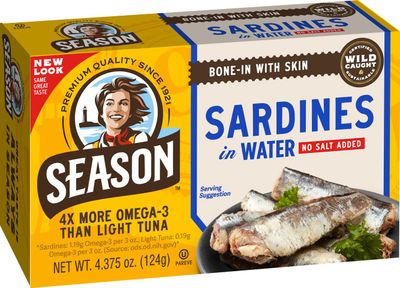 Season Sardines in Water - No Salt Added, Wild Caught, 22g of Protein, Keto Snacks, More Omega 3&#39;s Than Tuna, Kosher, High in Calcium, Canned Sardines - 4.37 Oz Tins, 24-Pack