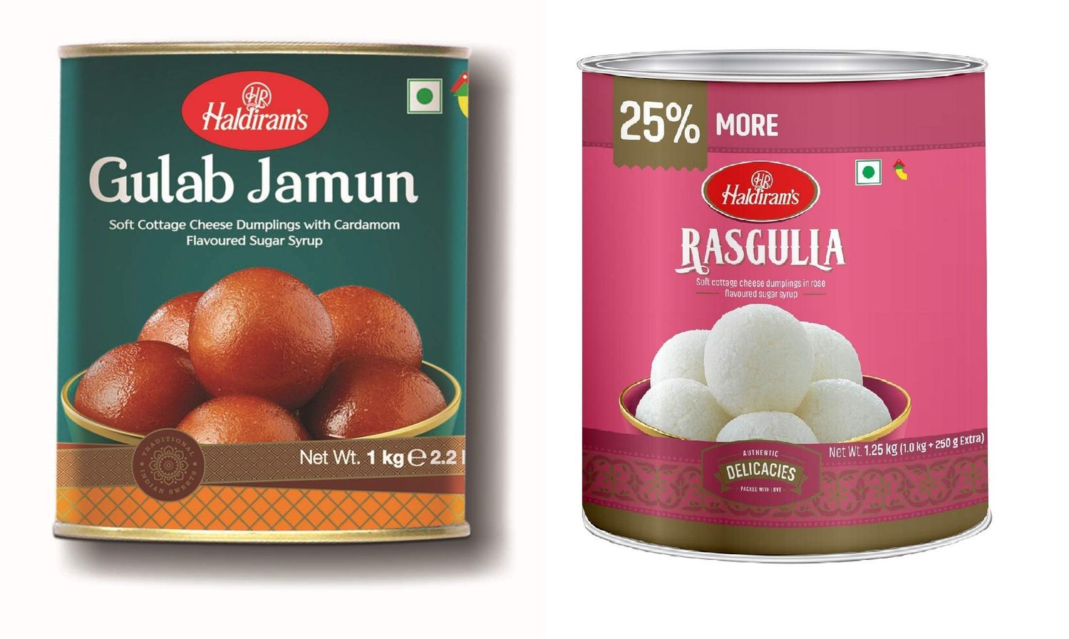 Haldiram&#39;s Gulab Jamun &amp; Rasgulla Combo Pack 1 Kg Tin X 2 Pcs
