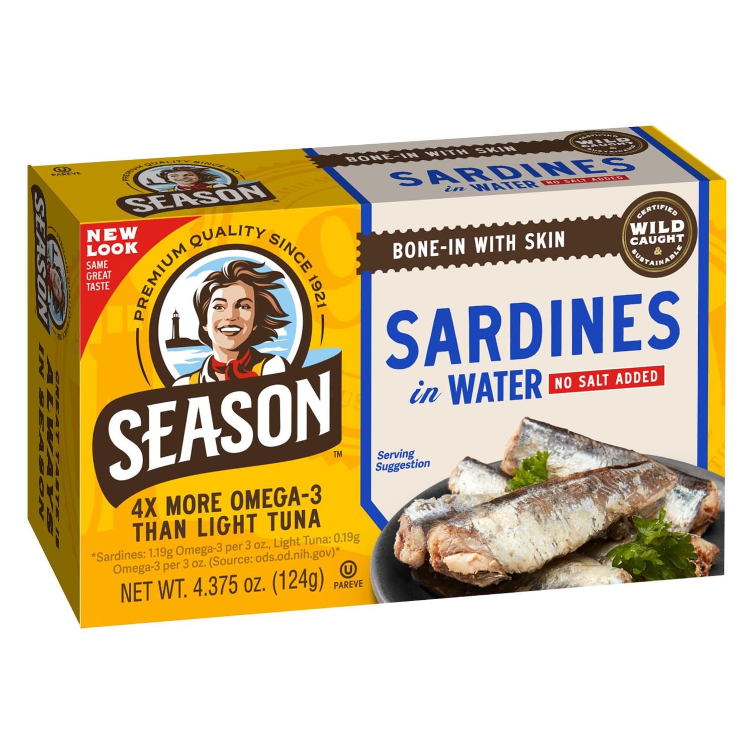 Season Sardines in Water - No Salt Added, Wild Caught, 22g of Protein, Keto Snacks, More Omega 3&#39;s Than Tuna, Kosher, High in Calcium, Canned Sardines - 4.37 Oz Tins, 6-Pack