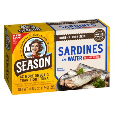 Season Sardines in Water - No Salt Added, Wild Caught, 22g of Protein, Keto Snacks, More Omega 3&#39;s Than Tuna, Kosher, High in Calcium, Canned Sardines - 4.37 Oz Tins, 6-Pack