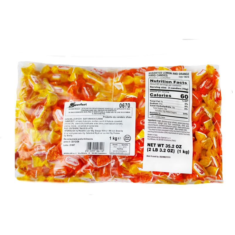 Sperlari "Spicchi" Citrus Orange &amp; Lemon Hard Candy Bulk Bag, Individually Wrapped Italian Sweets, 1 Kg / 2.2 Lbs Bag (1-Pack)