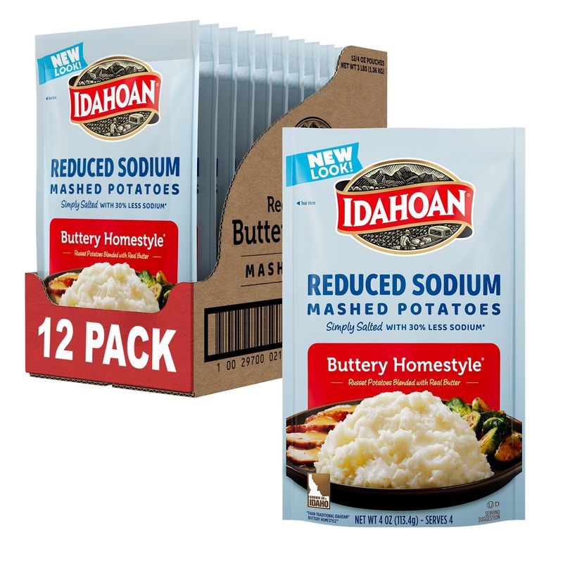 Idahoan Reduced Sodium Mashed Potatoes, Buttery Homestyle, 4 Ounce (Pack of 12)