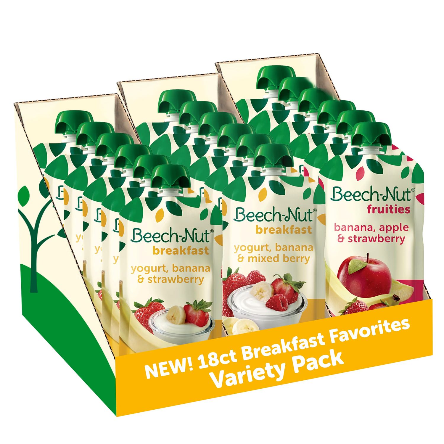 Beech-Nut Toddler Food Breakfast Pouches Variety Pack, NEW Breakfast Favorites Fruit &amp; Yogurt Purees Variety Pack, 3.5 oz (18 Pack)