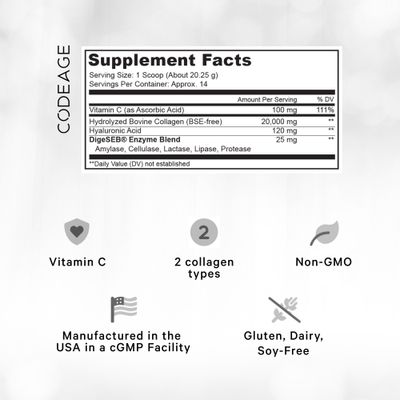 Codeage Collagen Peptides Powder Vitamin C - 20g Grass-Fed Collagen Per Serving - Digestive Enzymes, Hyaluronic Acid, 18 Amino Acids - Hydrolyzed Collagen Protein - Non-GMO, Unflavored - 9.98 oz