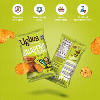 UGLIES Jalapeno Kettle-Cooked Potato Chips, Gluten-Free Snacks, Kosher-Friendly Chips, Non-GMO Snacks for Kids or Office, Lunch Snacks, Individual Snack Pack, 2 Oz. Each, Pack of 24