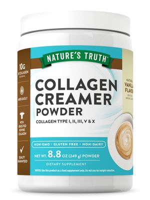Nature&#39;s Truth Collagen Creamer for Coffee  8.8 oz  Vanilla Flavor  Grass Fed Collagen Peptide Type I, II, III, V &amp; X  Non-GMO &amp; Gluten Free Protein Powder Supplement
