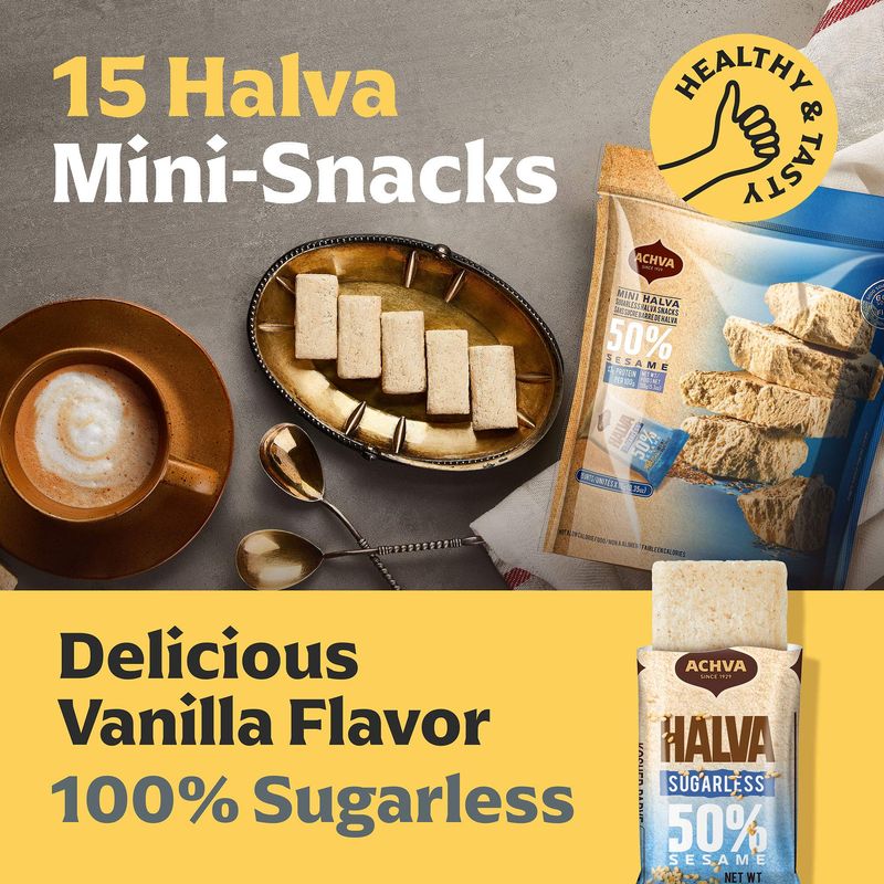 Halva Sugarless Tahini Bar Mini Snacks - Assortment of 15 Snack-Sized Vanilla Flavor Halvah- Vegan, Kosher Snacks with No Gluten or Lactose by Achva, 12 g. Each Product Name