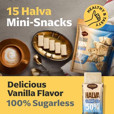 Halva Sugarless Tahini Bar Mini Snacks - Assortment of 15 Snack-Sized Vanilla Flavor Halvah- Vegan, Kosher Snacks with No Gluten or Lactose by Achva, 12 g. Each Product Name