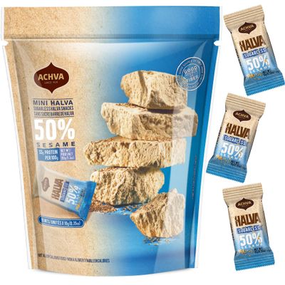 Halva Sugarless Tahini Bar Mini Snacks - Assortment of 15 Snack-Sized Vanilla Flavor Halvah- Vegan, Kosher Snacks with No Gluten or Lactose by Achva, 12 g. Each Product Name