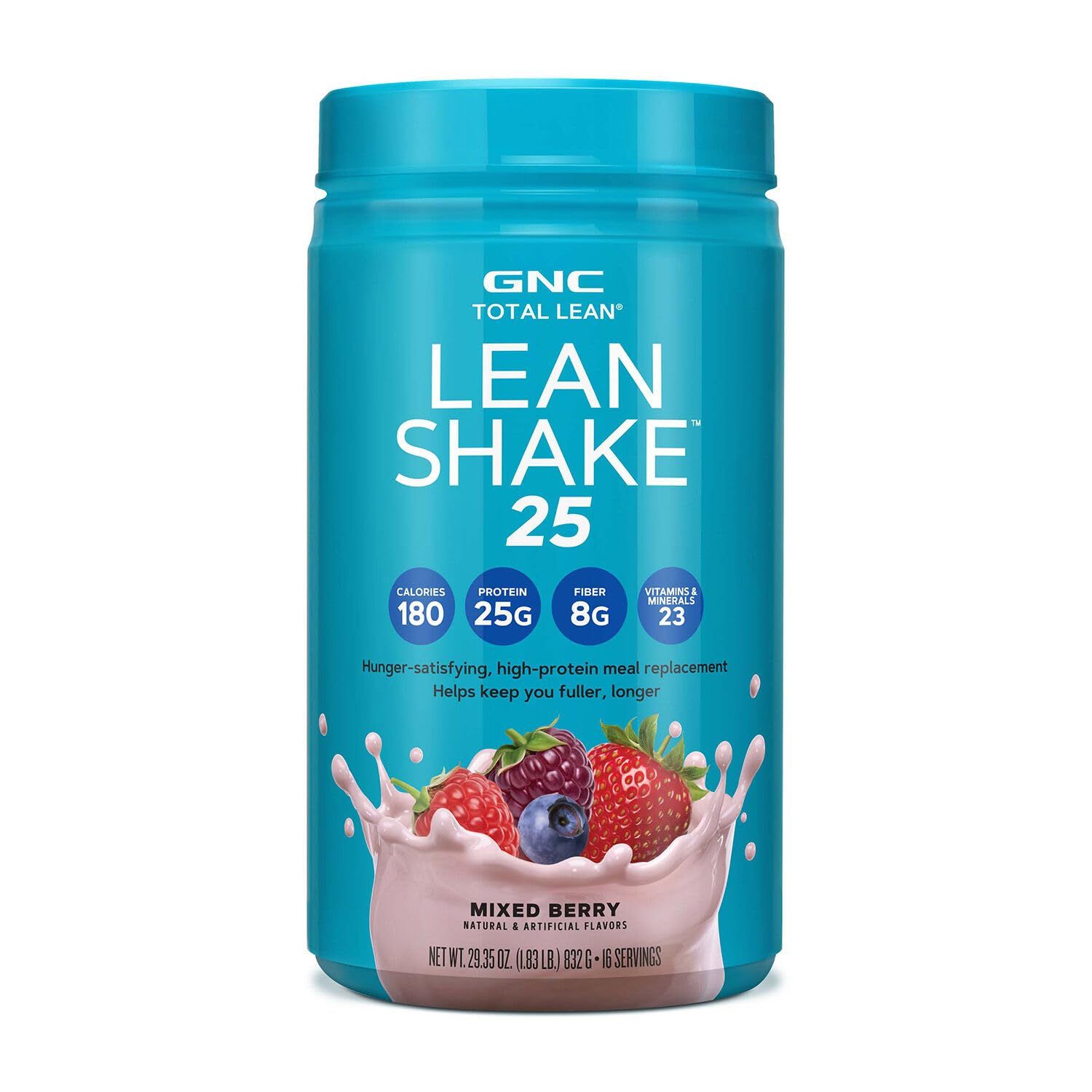 GNC Lean Shake 25 Meal Replacement Powder, Weight Management, With 25g Protein and High Fiber, Keto, Mixed Berry, 16 Servings