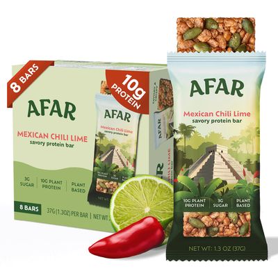 Afar Savory Protein Bars - Low Sugar, High Protein - Healthy Snacks for Adults - Meal Replacement Bar - Rice Crispy Texture - Vegan, Gluten Free (8 Bars, Mexican Chili Lime)