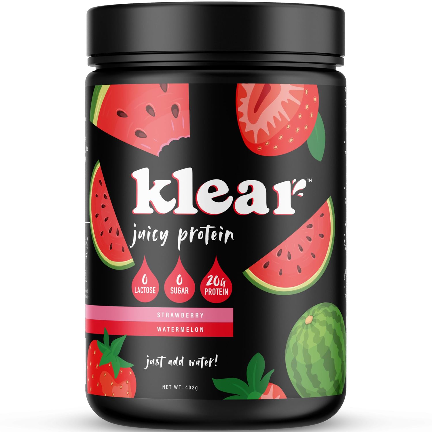 Klear - Clear Protein Powder  Strawberry Watermelon Flavor  Lactose-Free Protein Powder  20g Protein Whey Isolate  0 Sugar  15 Servings  Keto-Friendly  Juicy &amp; Refreshing for Muscle Recovery