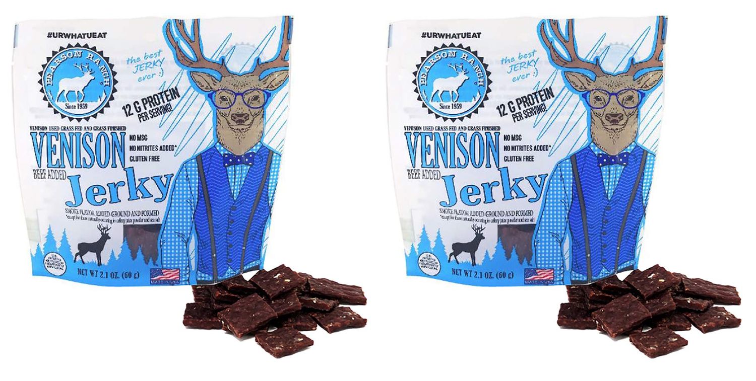 PEARSON RANCH SINCE 1959 Grass Fed Venison Jerky Pack of 2 Venison (Made with added Beef) - Low-Carb, Gluten-Free, No MSG, Paleo and Keto Friendly Jerky