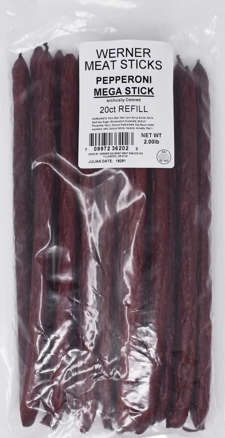 Werner Mega Pepperoni Meat Sticks - Bag of 20 Thick &amp; Hearty Meat Sticks - Made in the USA