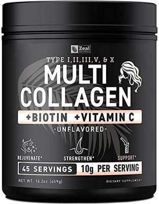 Premium Multi Collagen Peptides Protein Powder (1, 2, 3, 5 &amp; 10) with Vitamin C, Biotin, Hyaluronic Acid, for Hair Skin and Nails - Marine, Bovine, Chicken &amp; Eggshell (Unflavored, 45 Servings)