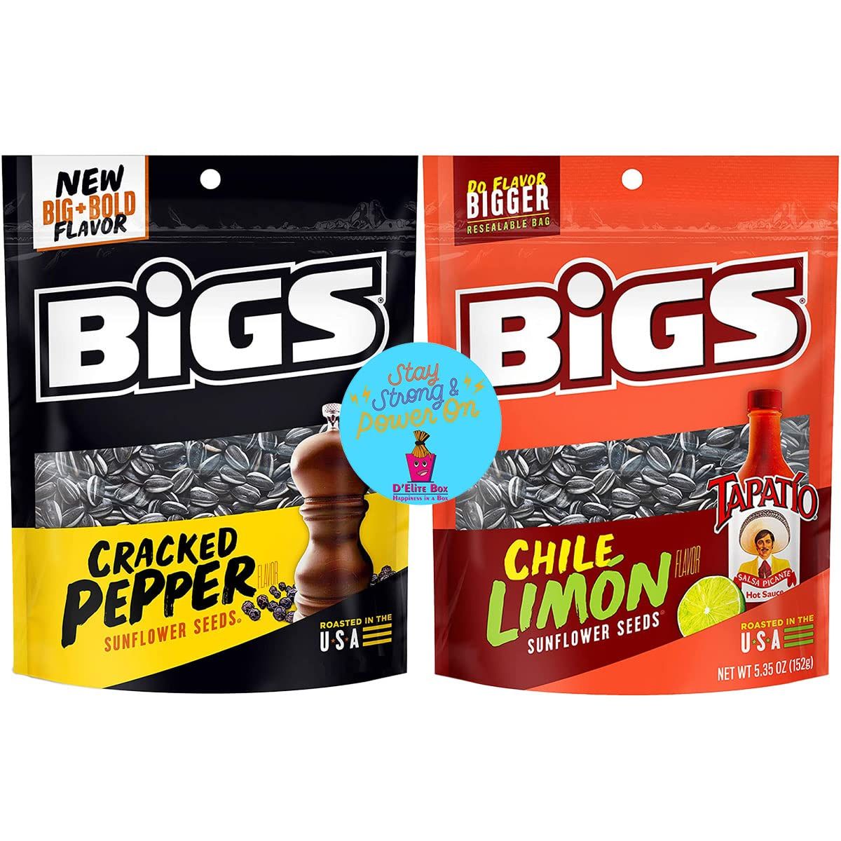 D&#39;Elite Box Sunflower Seeds Variety Pack 2 Flavor Combo BIGS Cracked Pepper and Chile Limon 5.35oz bags each - Keto Friendly - Pack of 2 comes bundled with an inspirational magnet by D&#39;Elite Box