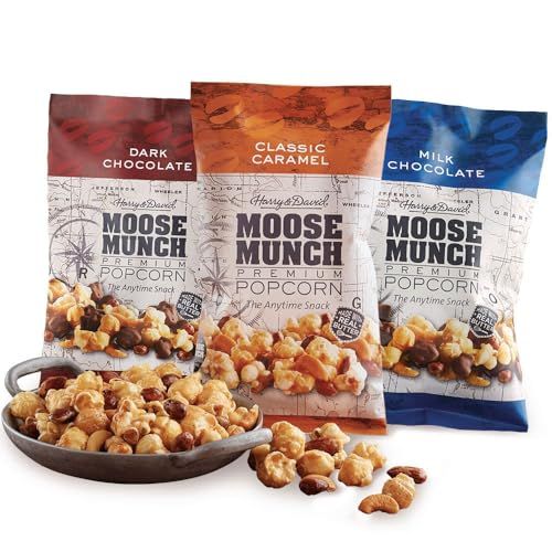 Moose Munch Premium Popcorn Trio By Harry &amp; David, Classic Caramel, Milk And Dark Chocolate (3-Pack), Popcorn Gift Basket, Variety Pack, Movie Night Snacks