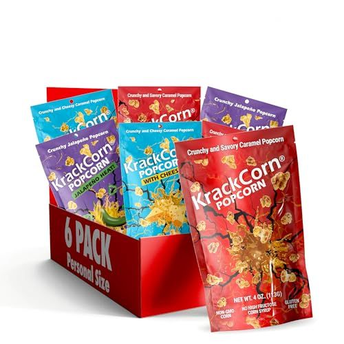 KrackCorn Popcorn Variety Pack - Original (4 Oz), Cheddar and Jalapeno (3.25 Oz) Flavored Popcorns, Gluten-Free &amp; Non-GMO Healthy Snacks Adults &amp; Kids, Individual Bags for Snack, Pack of 6