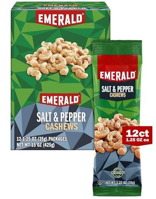 Emerald Nuts Salt and Pepper Seasoned Cashews 12 Ct (1-Pack)  1.25 Oz Individual Snack Tubes  Kosher Certified, Non-GMO, Contains No Artificial Preservatives, Flavors or Synthetic Colors