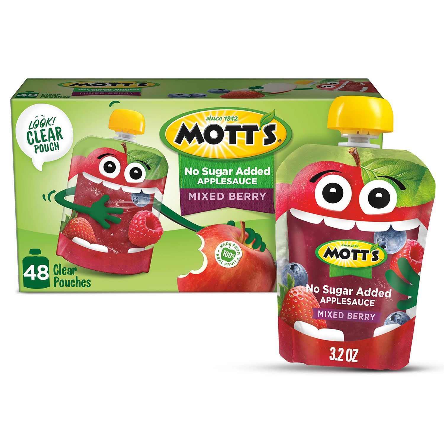 Mott&#39;s No Sugar Added Mixed Berry Applesauce, 3.2 Oz Clear Pouches, 48 Count (4 Packs Of 12), Good Source Of Vitamin C, No Artificial Flavors