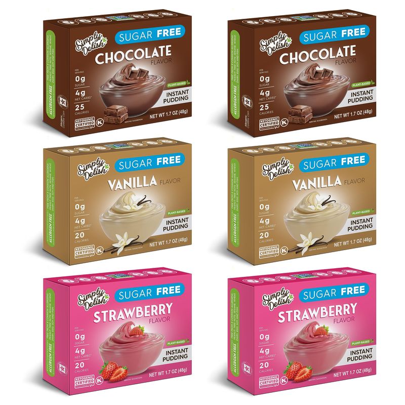 Simply Desserts Vanilla, Strawberry &amp; Chocolate Instant Pudding, Sugar-Free, Variety 12-Pack - Healthy Dessert, Keto Snacks, Vegan &amp; Diabetic-Friendly, Kosher, 1.7 Oz Ea