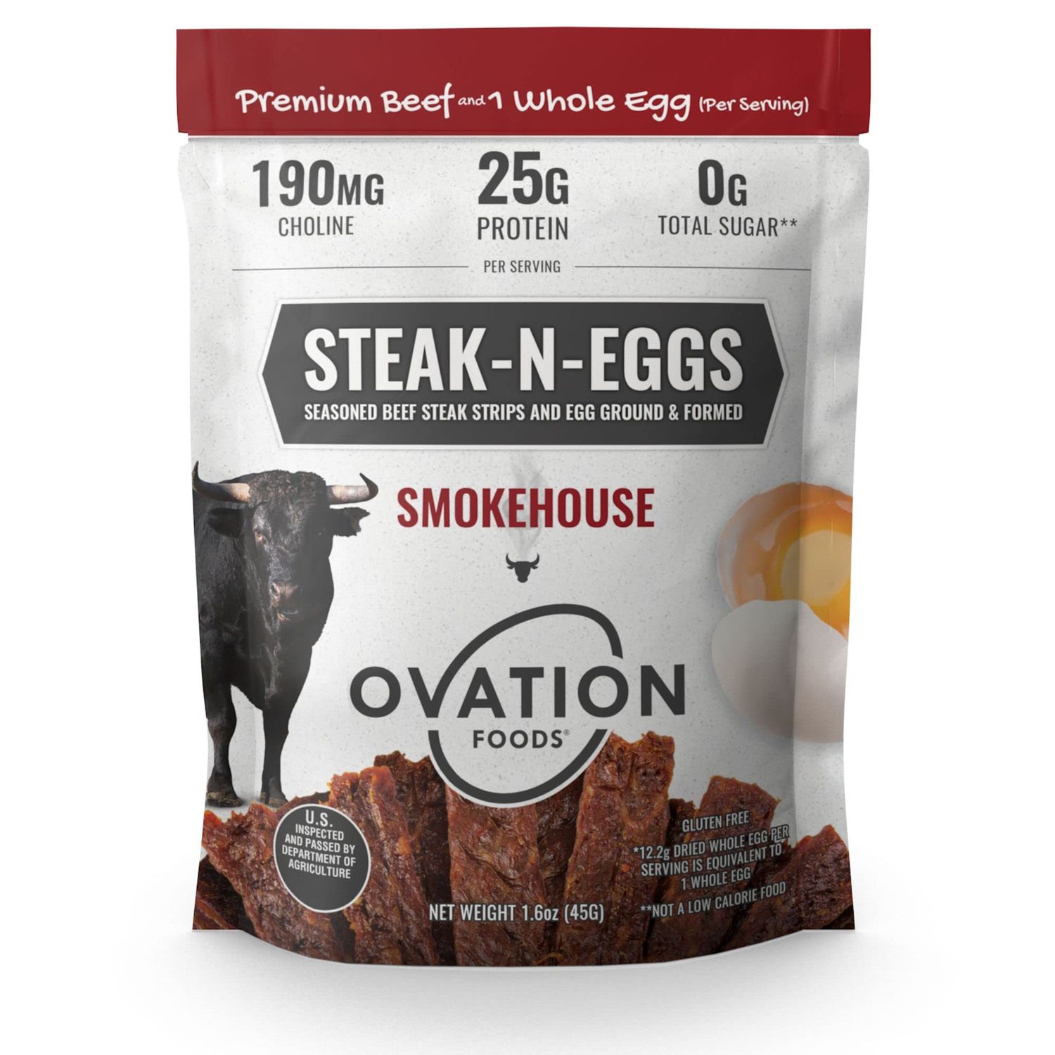 Ovation Foods Steak-N-Eggs Beef Strips, Zero Sugar, High-Protein Jerky (25g premium protein), Gluten Free, KETO, Paleo 1.6oz Bag (10 count) - Smokehouse