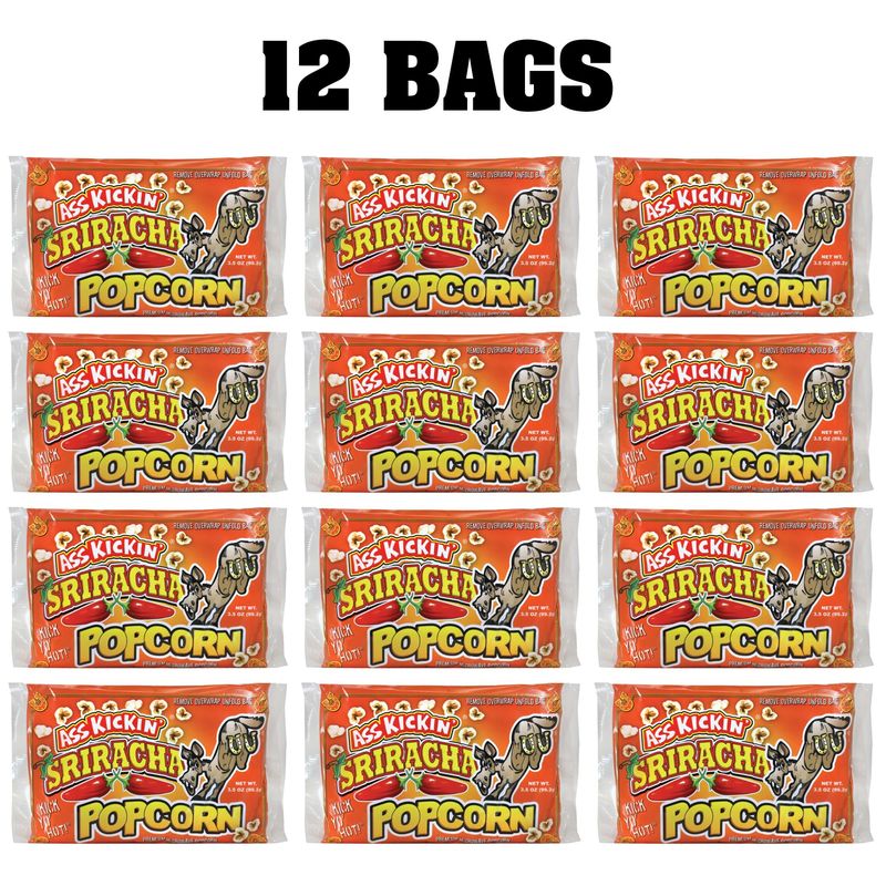 KICKIN' Sriracha Microwave Popcorn Bags - 12 Pack - Ultimate Spicy Popcorn Gourmet Gift - Makes a Great Movie Theater Popcorn or Sriracha Snack Food for Movie Night