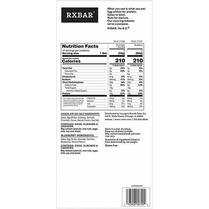 RXBAR Protein Snack Bars, All Natural Ingredients, Chocolate Sea Salt and Blueberry, 14-count,
