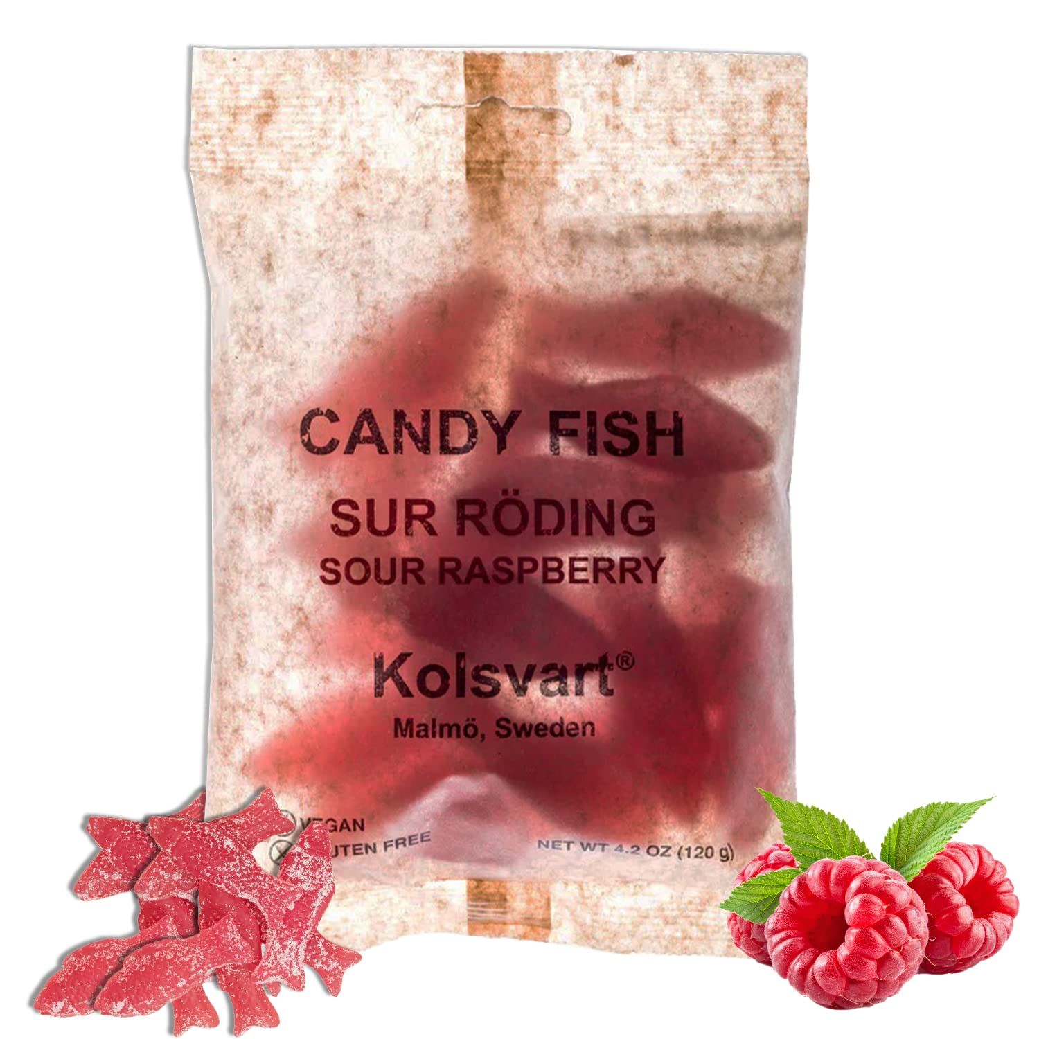 Kolsvart Sour Raspberry Candy Fish, 4.2 OZ