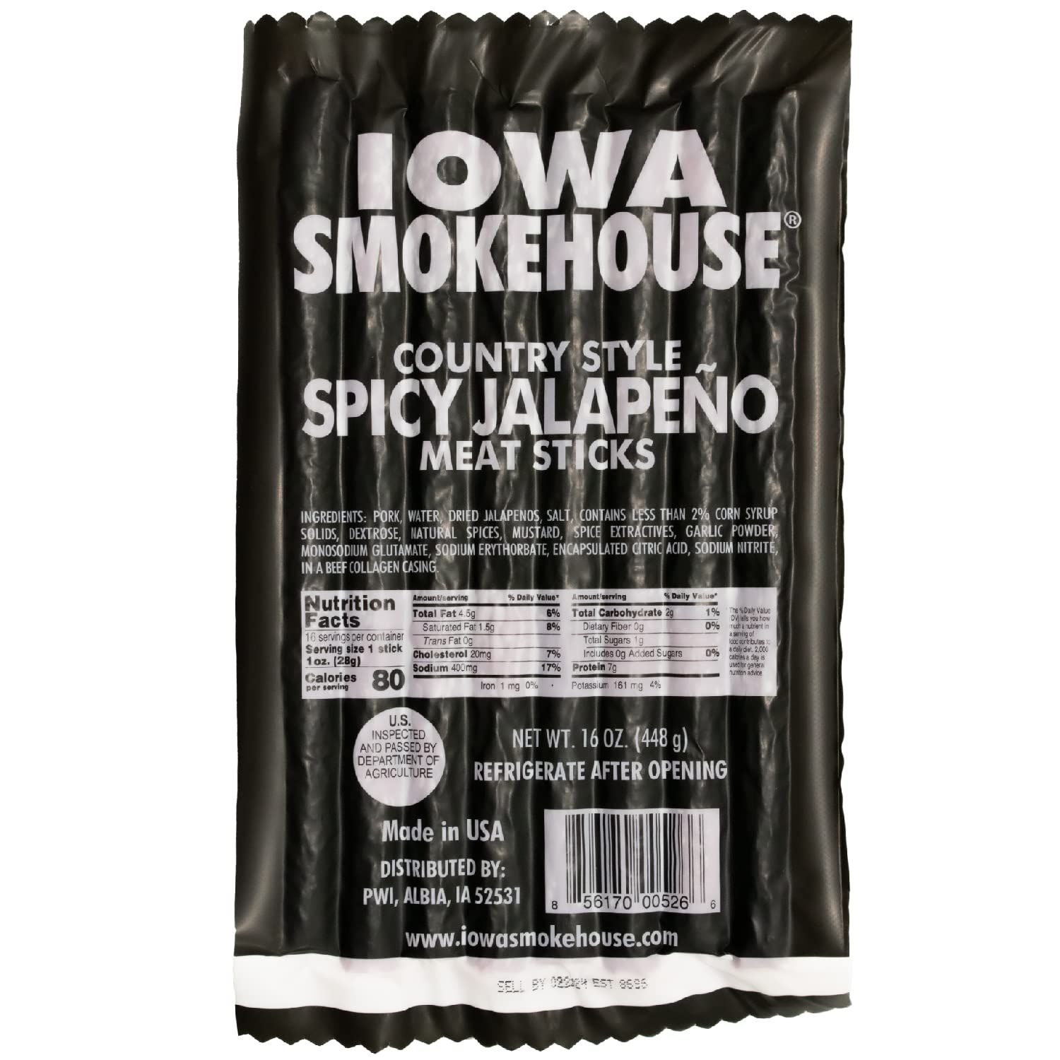IOWA SMOKEHOUSE Country Style Meat Sticks, Spicy Jalapeno- Delicious Meat Snack - Vacuum Sealed &amp; Ready to Eat Sticks - 7g of Protein, Made with all USA Pork - 16 Oz (16 sticks per pack)