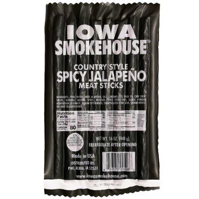 IOWA SMOKEHOUSE Country Style Meat Sticks, Spicy Jalapeno- Delicious Meat Snack - Vacuum Sealed &amp; Ready to Eat Sticks - 7g of Protein, Made with all USA Pork - 16 Oz (16 sticks per pack)