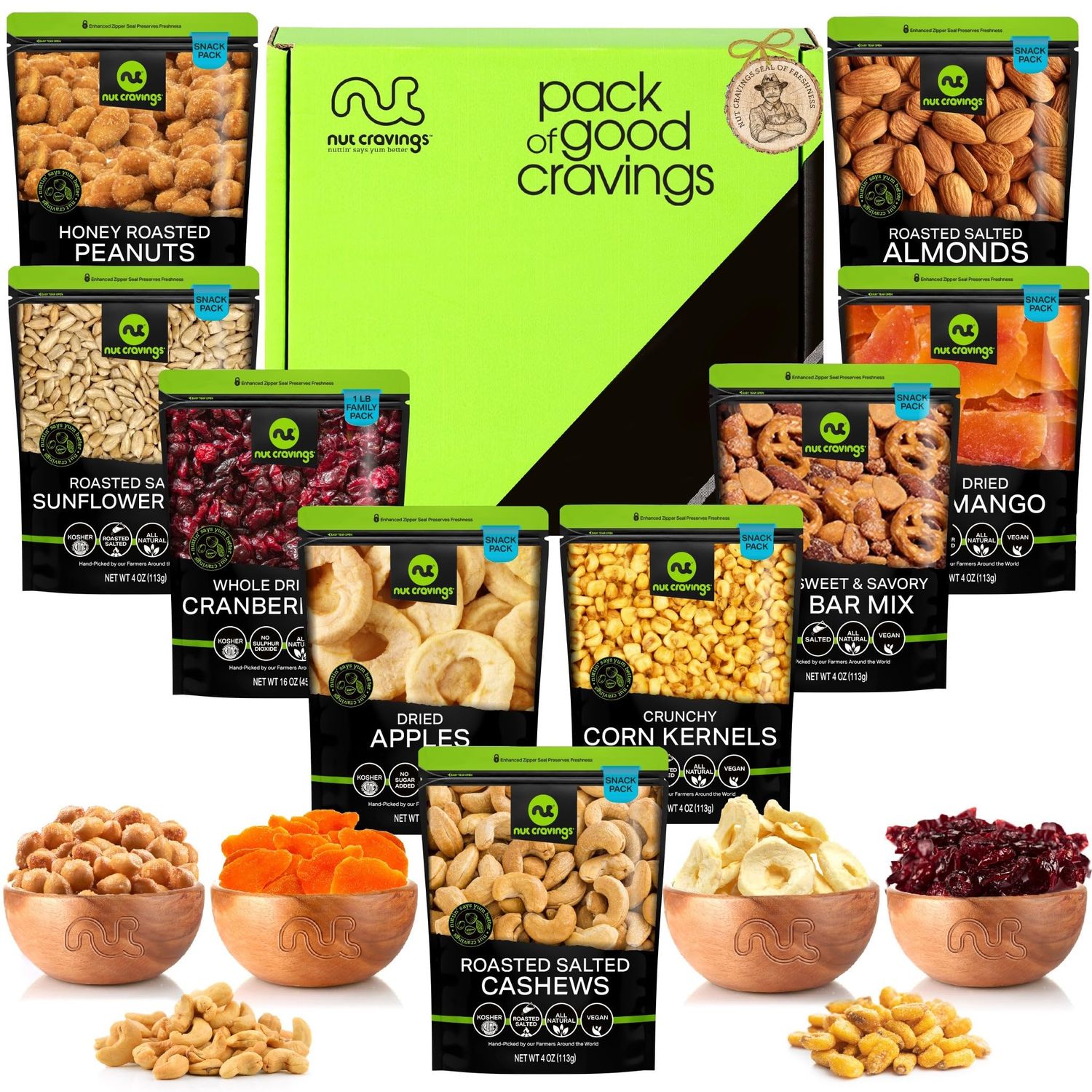 NUT CRAVINGS Gourmet Collection - Easter Treats, Dried Fruit &amp; Mixed Nuts Basket in Green Box (9 Assortments of 4 oz, 2.25 lb) Arrangement Platter Birthday Care Package, Healthy Kosher