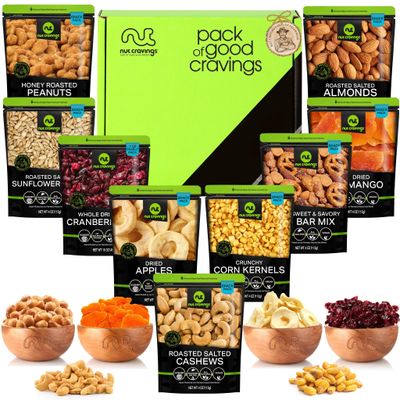NUT CRAVINGS Gourmet Collection - Easter Treats, Dried Fruit &amp; Mixed Nuts Basket in Green Box (9 Assortments of 4 oz, 2.25 lb) Arrangement Platter Birthday Care Package, Healthy Kosher