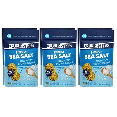 Crunchsters Crunchy Sprouted Mung Beans, Plant-Based Protein Super-Snack and Salad Topper, Gluten-Free, Nut-Free, Vegan, 6g Protein/Serving, 4oz. Bags (6 Pack, Sea Salt)