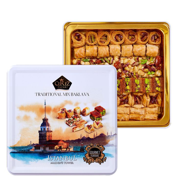 Cerez Pazari Baklava Pastry Gift Set - Turkish Baklava Pastry With Nuts &amp; Spices - Baklava Gift Box From Turkey - Pastry, Halal Snacks - Assorted 45-48 Pieces Per Metal Dessert Box - 1.32 lbs