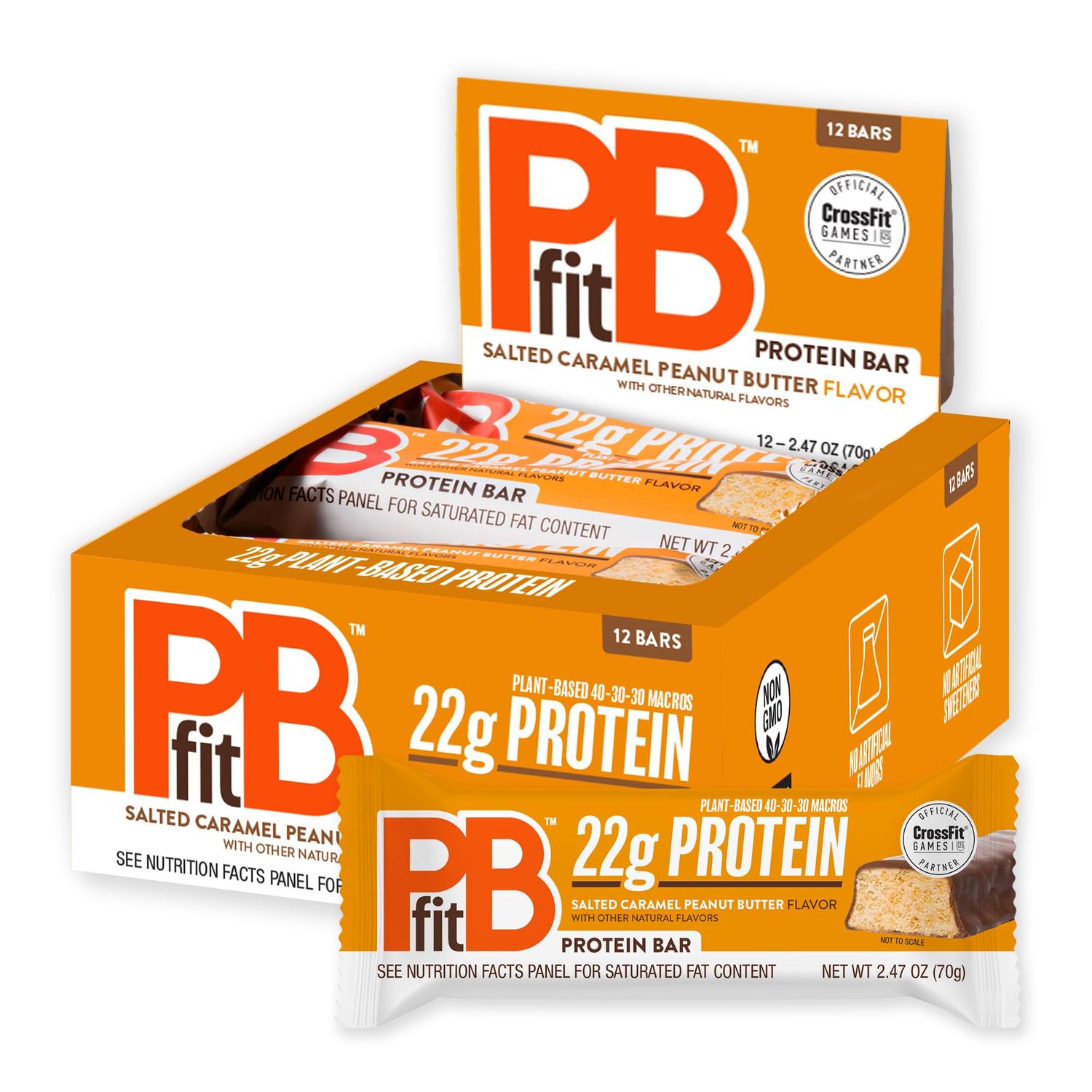 PBfit Salted Caramel Peanut Butter Protein Bars, 22g Protein, Gluten Free, Vegan, Plant-Based 40-30-30 Macros, 2.47 Oz (Pack of 12)
