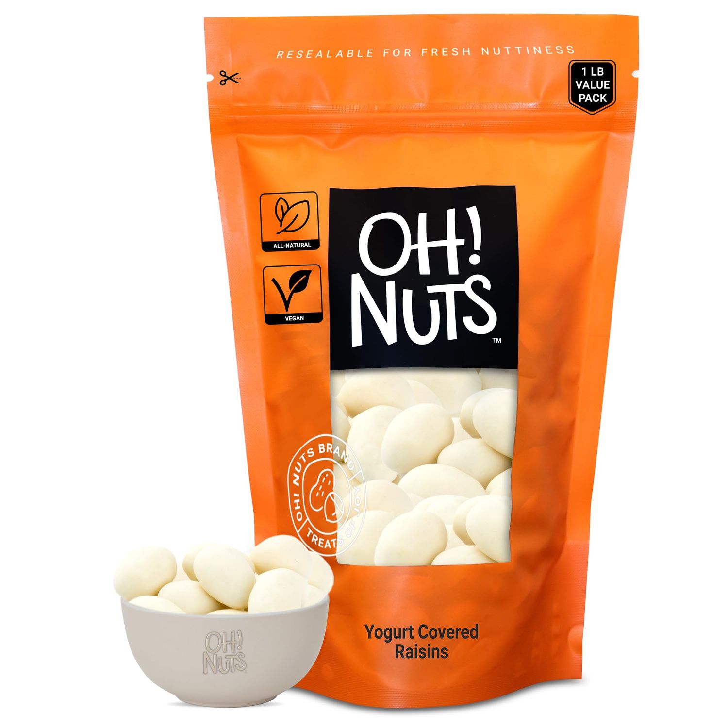 Oh! Nuts Yogurt Covered Raisins - 200pcs/1lb - Sweetened Dehydrated Creamy Yogurt Fruit Bites - Packed in New York Zip-Seal Bag for Exceptional Freshness