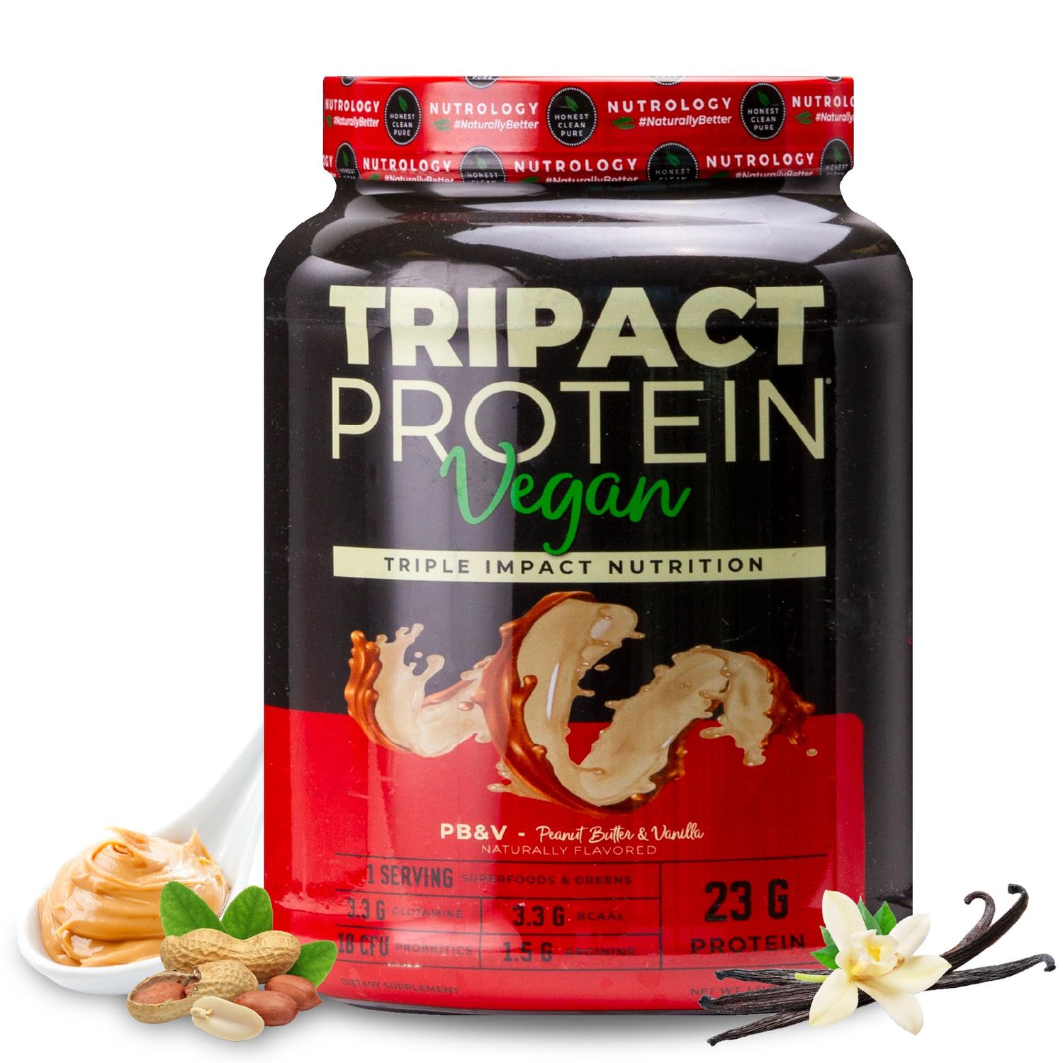 Nutrology TRIPACT Vegan Protein Powder - Vegan Meal Replacement Shakes with Organic Pea, Rice, &amp; Pumpkin, Plant Based Protein Powder, BCAAs &amp; Glutamine, Non-GMO, Peanut Butter &amp; Vanilla, 20 Servings