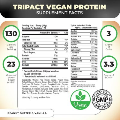 Nutrology TRIPACT Vegan Protein Powder - Vegan Meal Replacement Shakes with Organic Pea, Rice, & Pumpkin, Plant Based Protein Powder, BCAAs & Glutamine, Non-GMO, Peanut Butter & Vanilla, 20 Servings